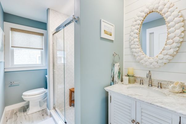 Bathroom, Glass Shower, Interior, Wood Texture Flooring