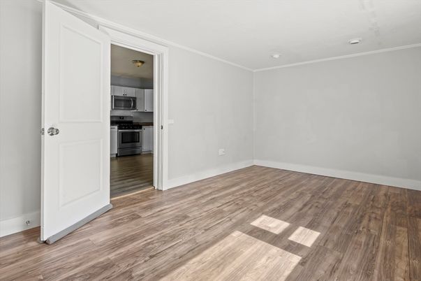Empty room, Interior, Kitchen, Stainless Steel Appliances, Wood Texture Flooring