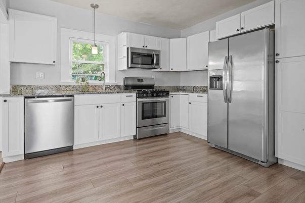 Interior, Kitchen, Pendant Lights, Stainless Steel Appliances, Wood Texture Flooring