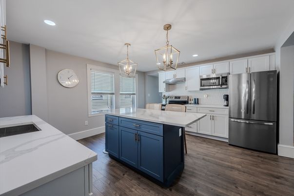 Interior, Kitchen, Pendant Lights, Recessed Lighting, Stainless Steel Appliances, Wood Texture Flooring