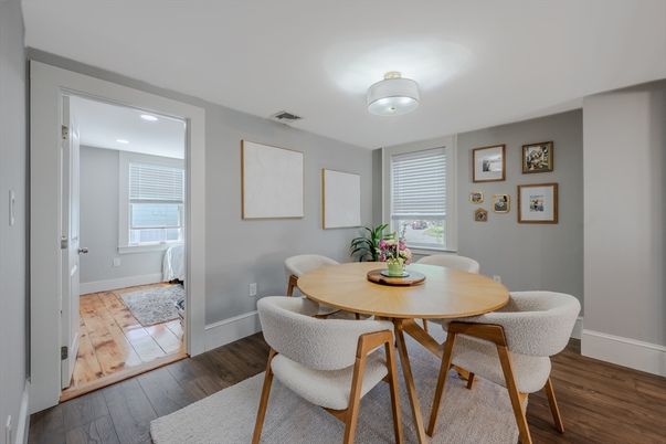 Dining room, Interior, Recessed Lighting, Wood Texture Flooring