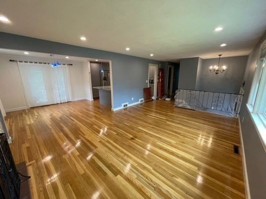 Chandelier, Empty room, Interior, Recessed Lighting, Wood Texture Flooring