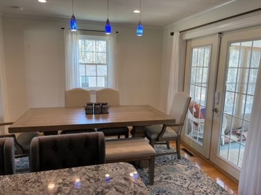 Dining room, Interior, Pendant Lights, Recessed Lighting, Wood Texture Flooring