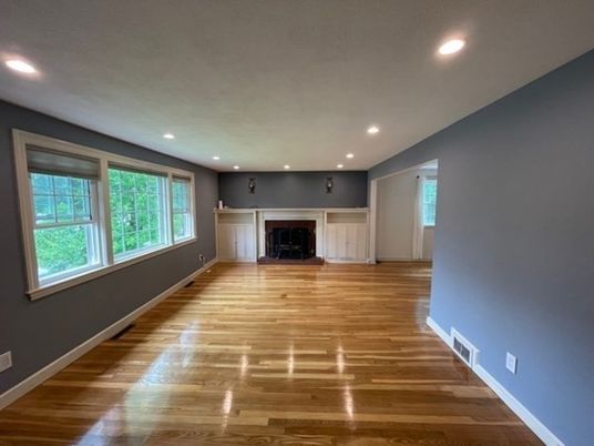 Empty room, Fireplace, Interior, Recessed Lighting, Wood Texture Flooring