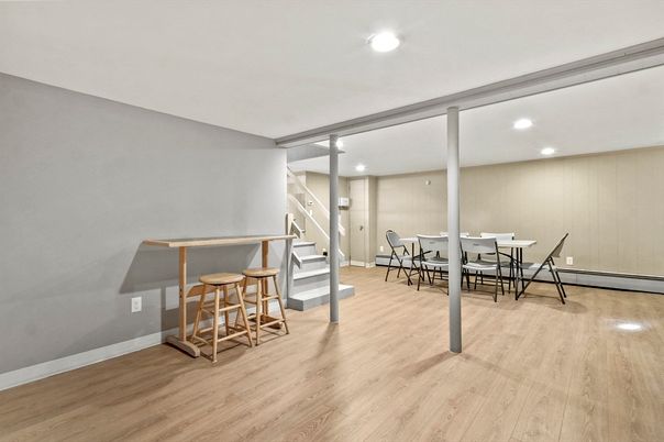 Dining room, Interior, Recessed Lighting, Wood Texture Flooring