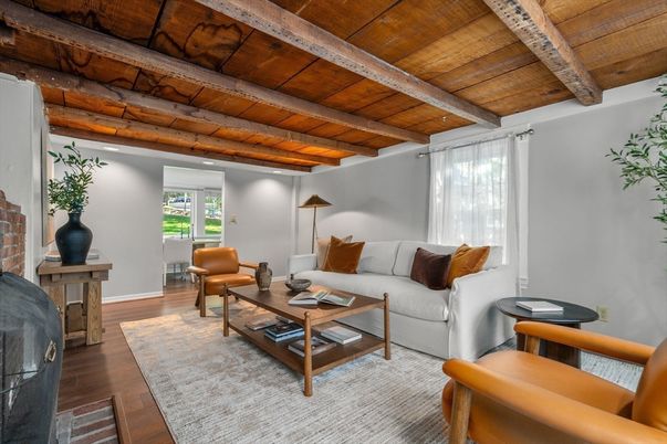 Fireplace, Interior, Living room, Recessed Lighting, Wooden Beams, Wooden Ceilings, Wood Texture Flooring