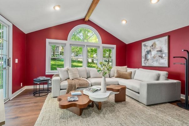 Interior, Living room, Recessed Lighting, Wooden Beams, Wood Texture Flooring