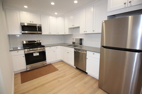 Interior, Kitchen, Recessed Lighting, Stainless Steel Appliances, Wood Texture Flooring