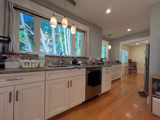 Interior, Kitchen, Pendant Lights, Recessed Lighting, Wood Texture Flooring