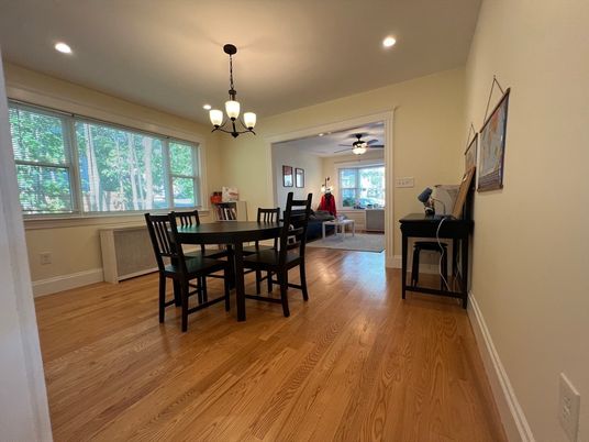 Chandelier, Dining room, Interior, Recessed Lighting, Wood Texture Flooring