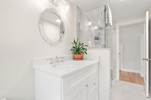 Bathroom, Glass Shower, Interior, Wood Texture Flooring