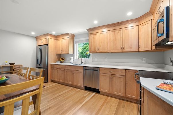 Dining room, Interior, Kitchen, Recessed Lighting, Stainless Steel Appliances, Wood Texture Flooring