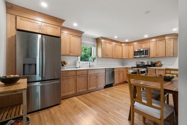 Dining room, Interior, Kitchen, Recessed Lighting, Stainless Steel Appliances, Wood Texture Flooring