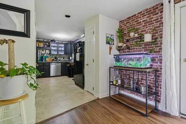 Interior, Kitchen, Recessed Lighting, Stone Walls, Wood Texture Flooring