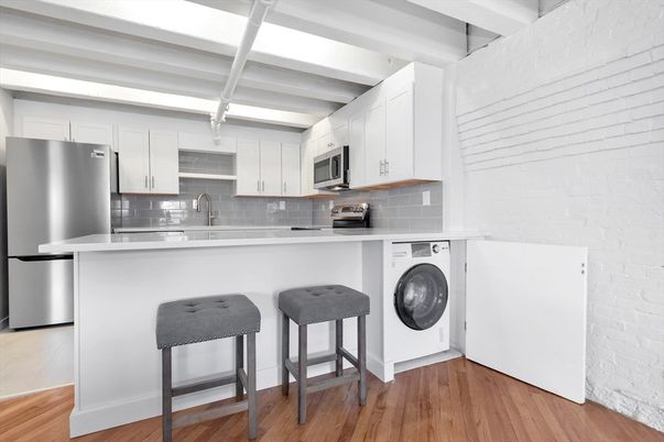 Interior, Kitchen, Stainless Steel Appliances, Washer, Wood Texture Flooring