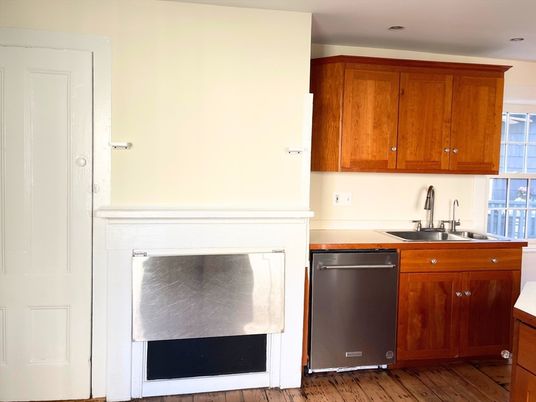 Fireplace, Interior, Kitchen, Recessed Lighting, Wood Texture Flooring