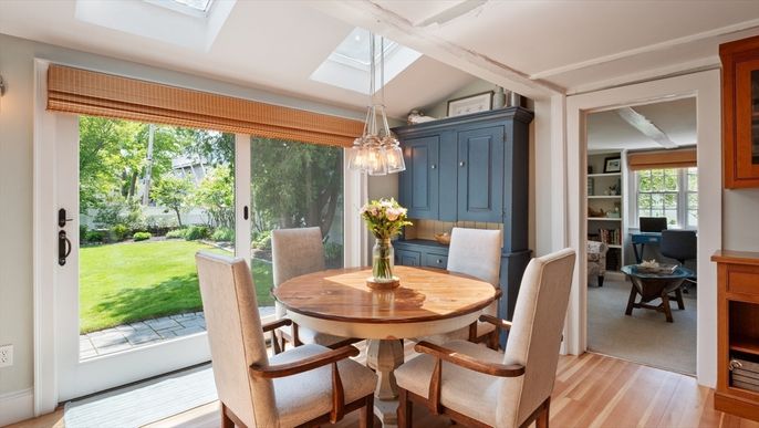 Dining room, Interior, Pendant Lights, Wood Texture Flooring
