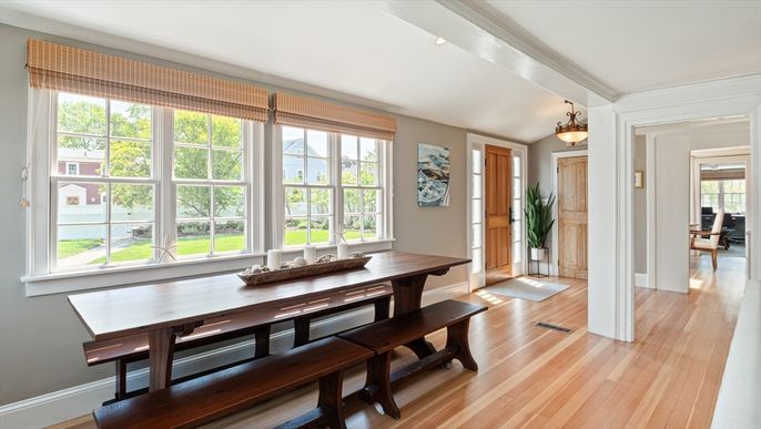 Dining room, Interior, Pendant Lights, Wood Texture Flooring