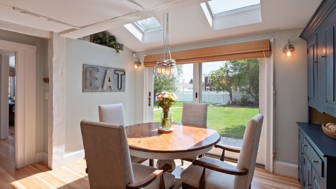 Dining room, Interior, Pendant Lights, Wood Texture Flooring
