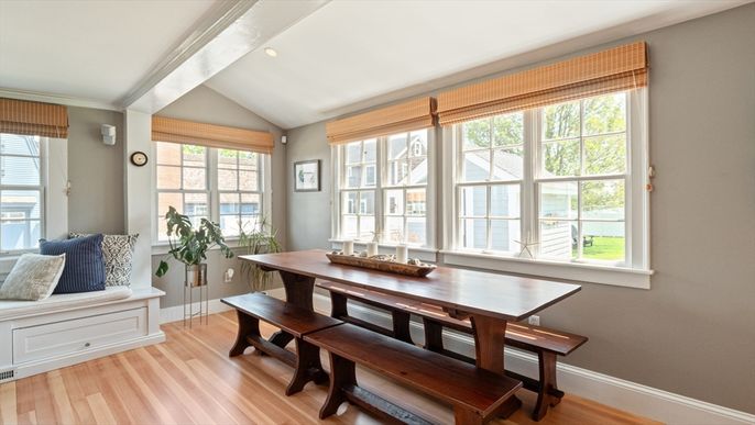 Dining room, Interior, Recessed Lighting, Wood Texture Flooring