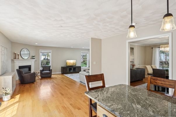 Dining room, Fireplace, Interior, Living room, Pendant Lights, Recessed Lighting, Wood Texture Flooring