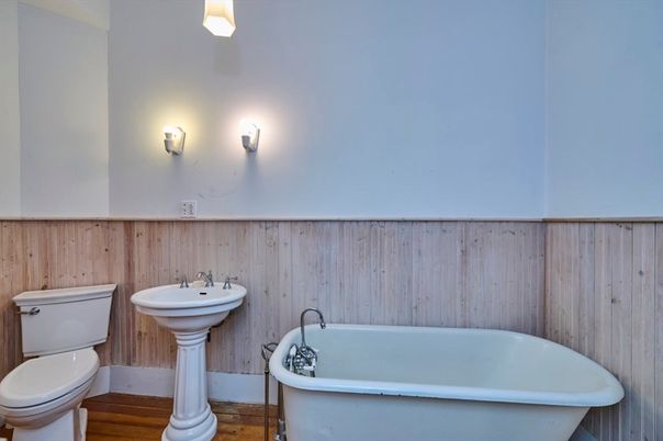 Bathroom, Free Standing Baths, Interior, Wood Texture Flooring, Wooden Walls