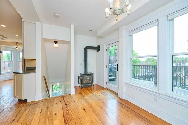 Fireplace, Interior, Pendant Lights, Recessed Lighting, Wood Texture Flooring
