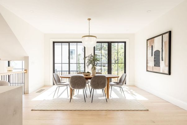 Dining room, Interior, Pendant Lights, Wood Texture Flooring