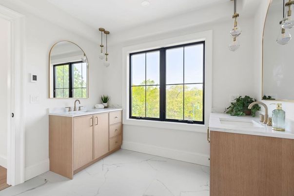 Bathroom, Dual Sink Vanities, Interior, Marble, Pendant Lights, Recessed Lighting