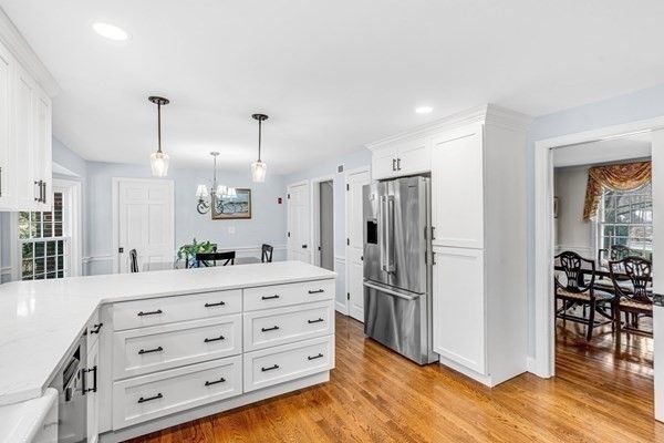 Dining room, Interior, Kitchen, Pendant Lights, Recessed Lighting, Stainless Steel Appliances, Wood Texture Flooring