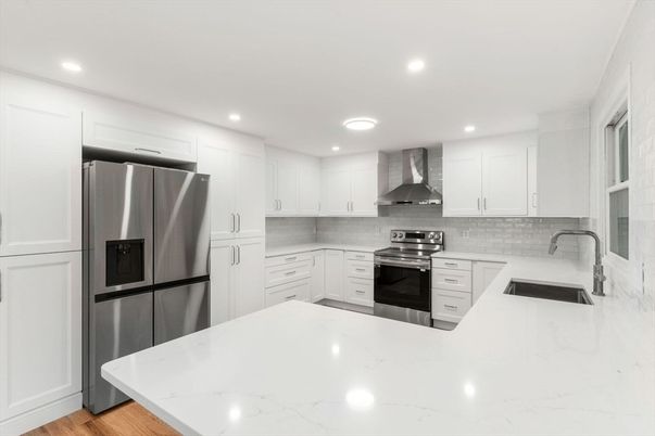 Interior, Kitchen, Recessed Lighting, Stainless Steel Appliances, Wood Texture Flooring