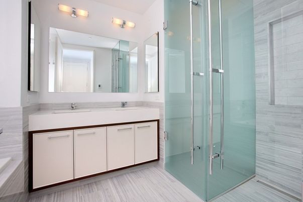 Bathroom, Dual Sink Vanities, Glass Shower, Interior, Wood Texture Flooring