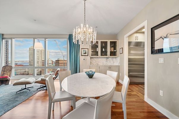 Chandelier, Dining room, Interior, Kitchen, Stainless Steel Appliances, Water, Wood Texture Flooring
