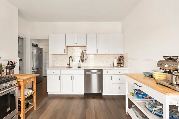 Interior, Kitchen, Marble Walls, Stainless Steel Appliances, Wood Texture Flooring