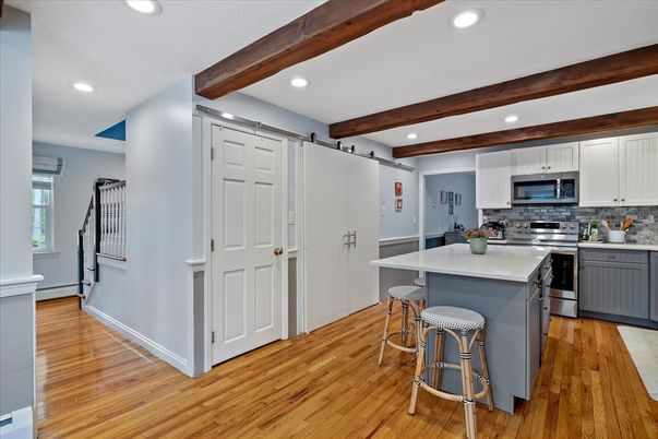 Interior, Kitchen, Recessed Lighting, Stainless Steel Appliances, Wooden Beams, Wood Texture Flooring