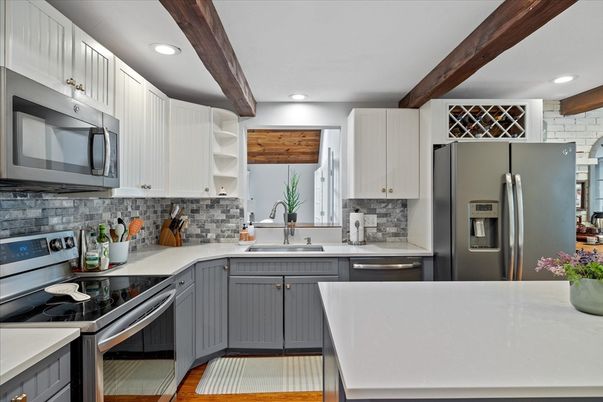Interior, Kitchen, Recessed Lighting, Stainless Steel Appliances, Wooden Beams, Wood Texture Flooring