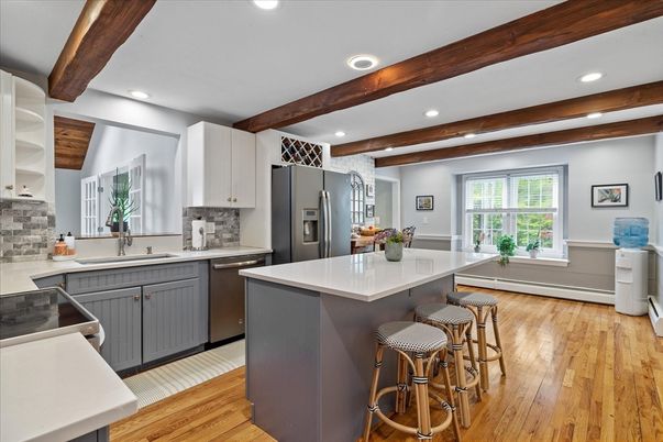 Interior, Kitchen, Recessed Lighting, Stainless Steel Appliances, Wooden Beams, Wood Texture Flooring