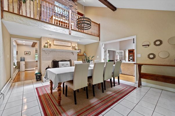 Dining room, Interior, Pendant Lights, Recessed Lighting, Stone Walls, Wooden Beams, Wood Texture Flooring