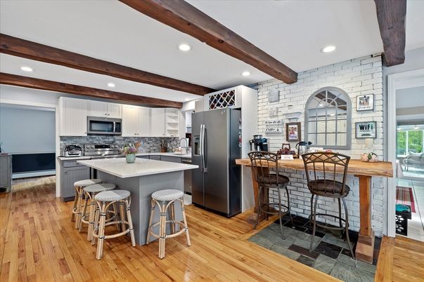 Interior, Kitchen, Recessed Lighting, Stainless Steel Appliances, Stone Walls, Wooden Beams, Wood Texture Flooring