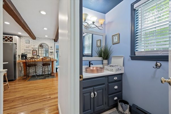 Interior, Kitchen, Recessed Lighting, Stone Walls, Wooden Beams, Wood Texture Flooring