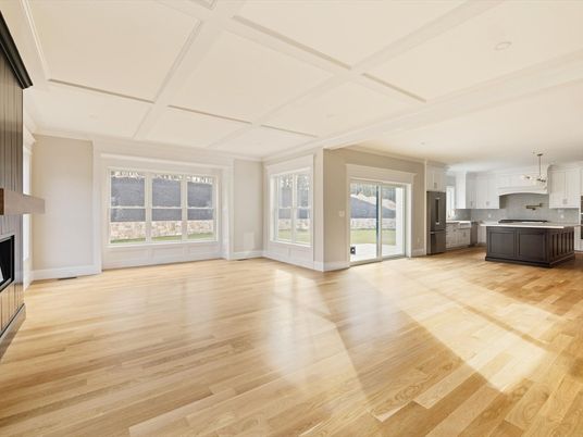 Empty room, Fireplace, Interior, Kitchen, Pendant Lights, Recessed Lighting, Wood Texture Flooring