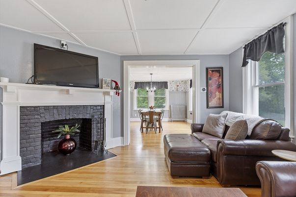 Chandelier, Dining room, Fireplace, Interior, Living room, Wood Texture Flooring
