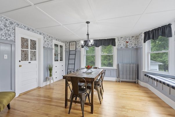 Dining room, Interior, Pendant Lights, Wood Texture Flooring