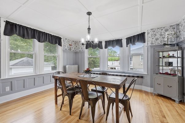 Dining room, Interior, Pendant Lights, Wood Texture Flooring