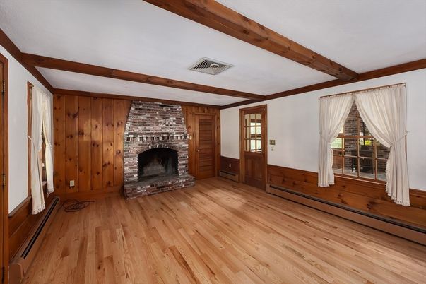 Empty room, Fireplace, Interior, Wooden Beams, Wood Texture Flooring, Wooden Walls