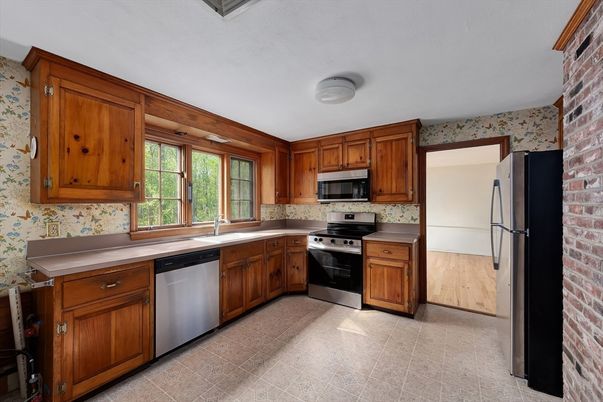 Interior, Kitchen, Stainless Steel Appliances, Stone Walls
