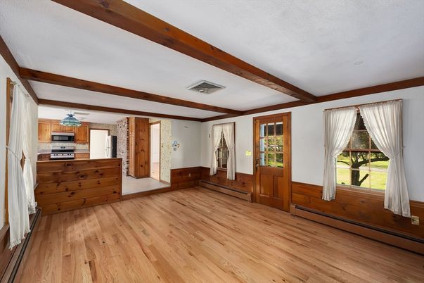 Empty room, Interior, Kitchen, Stainless Steel Appliances, Wooden Beams, Wood Texture Flooring