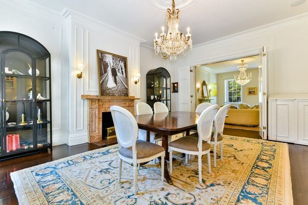 Chandelier, Dining room, Fireplace, Interior, Wood Texture Flooring