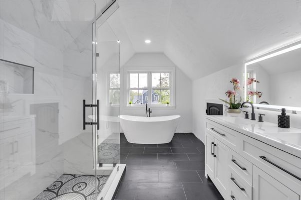 Bathroom, Dual Sink Vanities, Free Standing Baths, Glass Shower, Interior, Marble Walls, Recessed Lighting