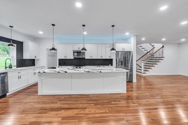 Interior, Kitchen, Pendant Lights, Recessed Lighting, Stainless Steel Appliances, Wood Texture Flooring